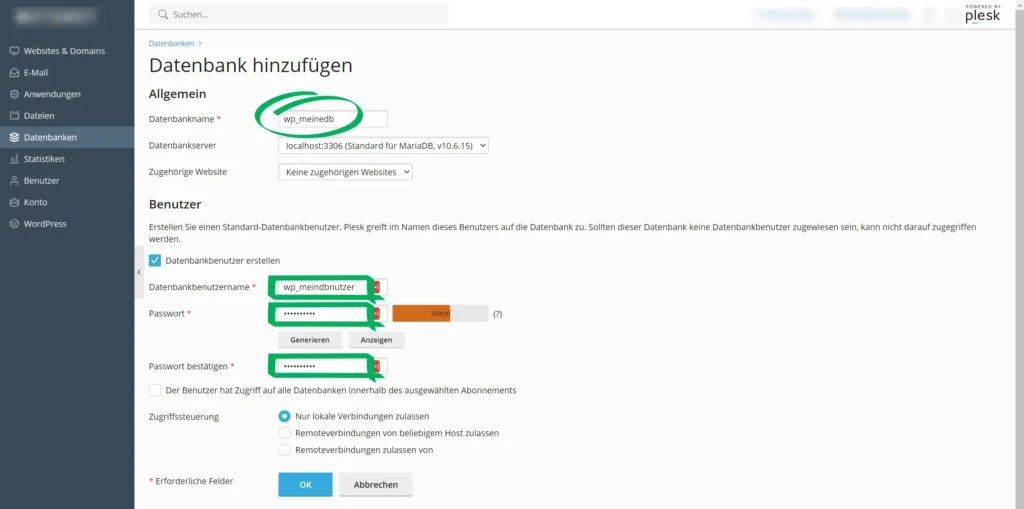 Plesk Datenbank einrichten